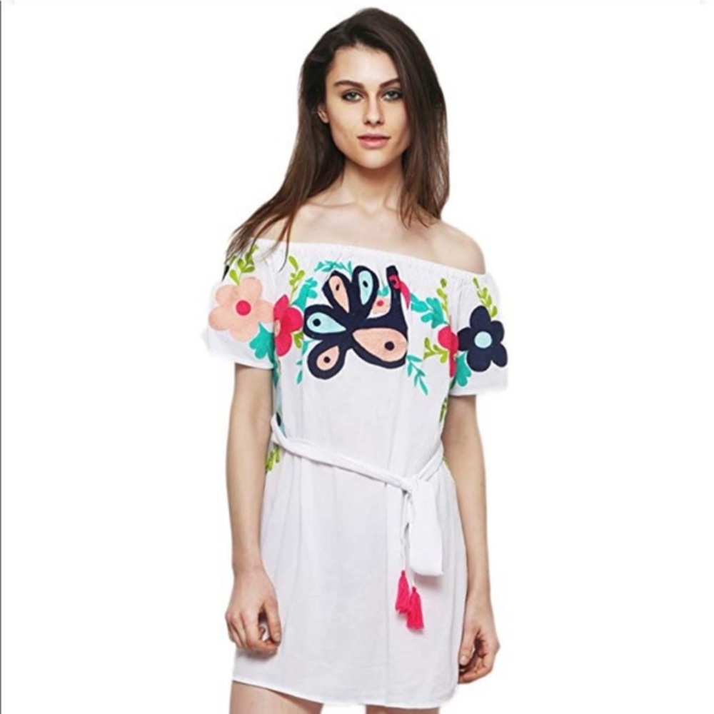 NWT Off Shoulder White Dress w/ Floral Embroidery
